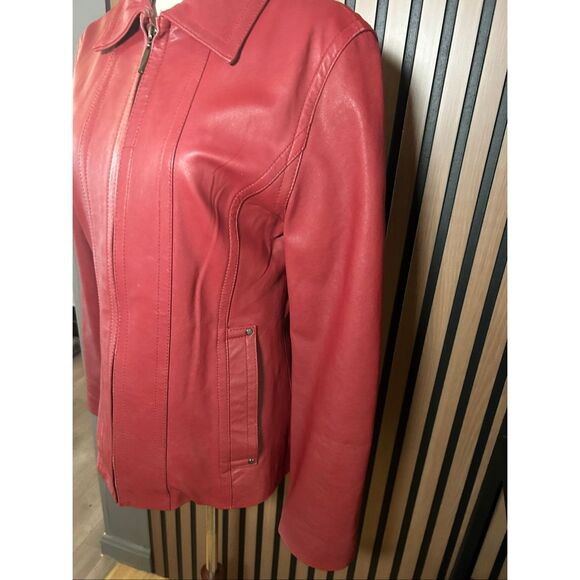 Leslie Fay red leather jacket size small stylish form fitting - Picture 2 of 9